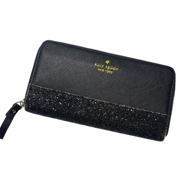 ✨ Kate Spade New York Black Glitter Stripe Zip-Around Wallet ✨ - Picture 1 of 8